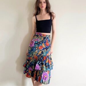 Vintage 90s asymmetrical ruffle skirt in tropical print.